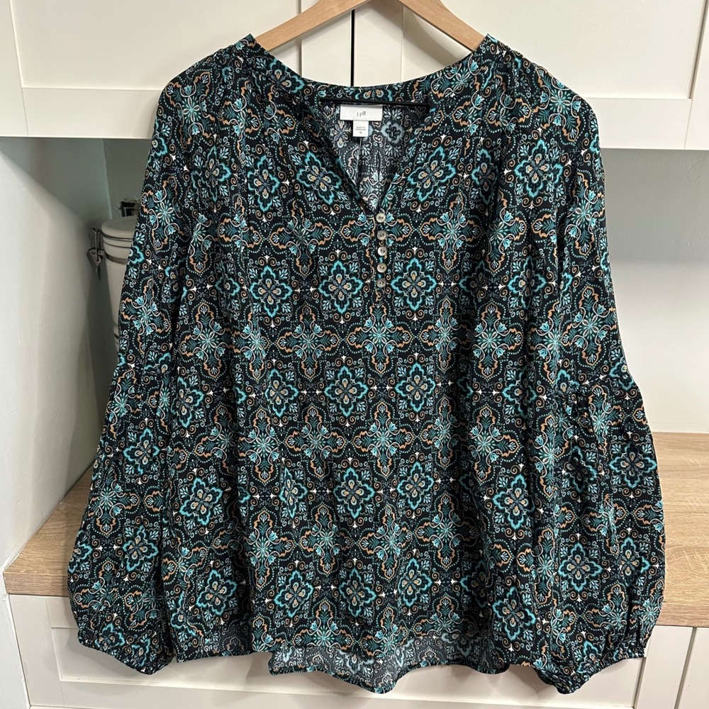 J. Jill Womens Medallion Print Shirred Long Sleeve Top Blouse Size M Teal Black